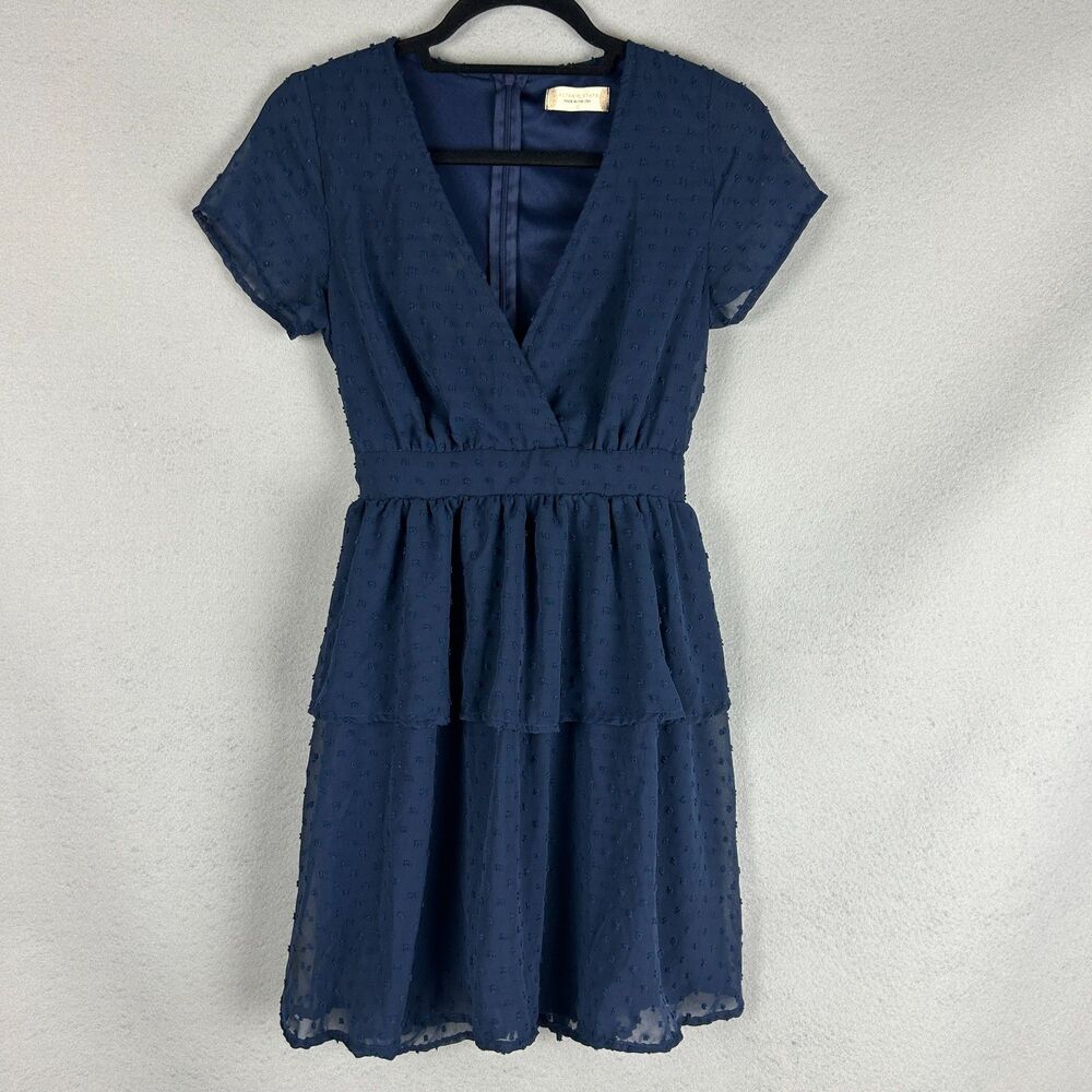 Altar'd State Swiss Dot Tiered Dress Small Navy Blue V Neck Boho Cottagecore
